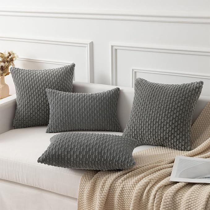 Kevin Textile Soft Corduroy 14"x22" Lumbar Pillow Cover 1 Pack, Dark Grey | Boho Stripe Plush Corduroy Decorative Oblong Cushion Cover Modern Farmhouse Home Decor for Sofa Couch Bed Chair