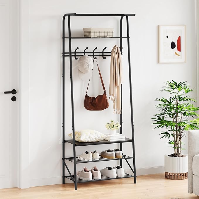 Coat Rack Hall Tree with Shoe Storage Bench, 4-in-1 Entryway Organizer, 5 Hooks & 3-Tier Shoe Rack, Freestanding Metal Frame for Hallway, Front Door