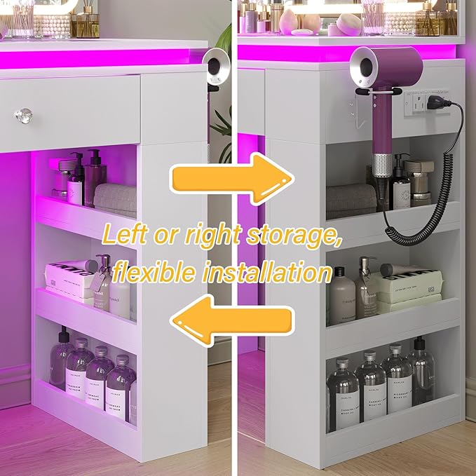 White Vanity Desk with Illuminated Mirror & Power Outlet, Bedroom Dresser LED Mirror Stepless Dimmable & 3 Color Modes Adjustable RGB Drawers, for Women Girls Bedroom（Pure White
