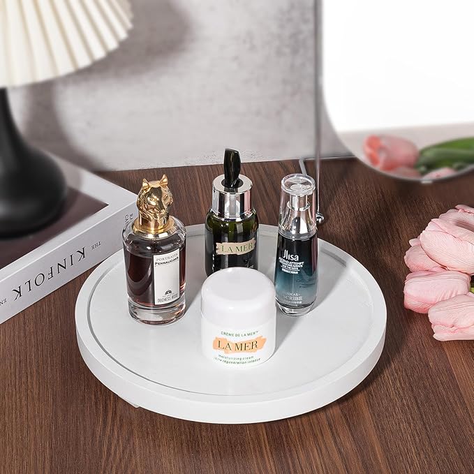 Round Decorative Tray Wood Bathroom Counter Organizer Farmhouse Kitchen Decor Wooden Riser for Soap Dish, Perfume, Candle, Sponge, 10" - White
