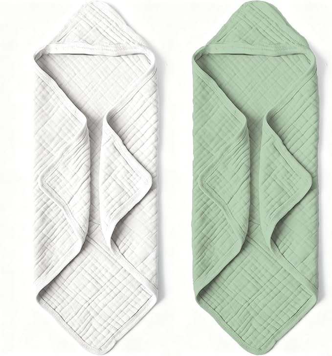 Organic Muslin Hooded Baby Bath Towels - 2 Pack 100% Organic Cotton Towel for Babies, Infants, Toddlers - 32x32Inch - Highly Absorbent and Newborn Essential(Grey Green)