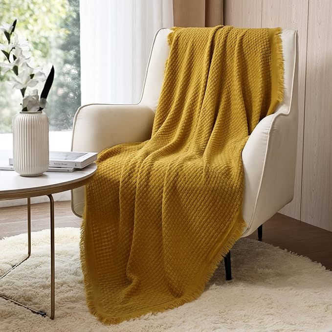 CREVENT Farmhouse Boho Knitted Throw Blanket for Couch Sofa Chair Bed Home Decoration, Soft Warm Cozy Light Weight for Spring Summer Fall (50''X60'' Mustard/Yellow)