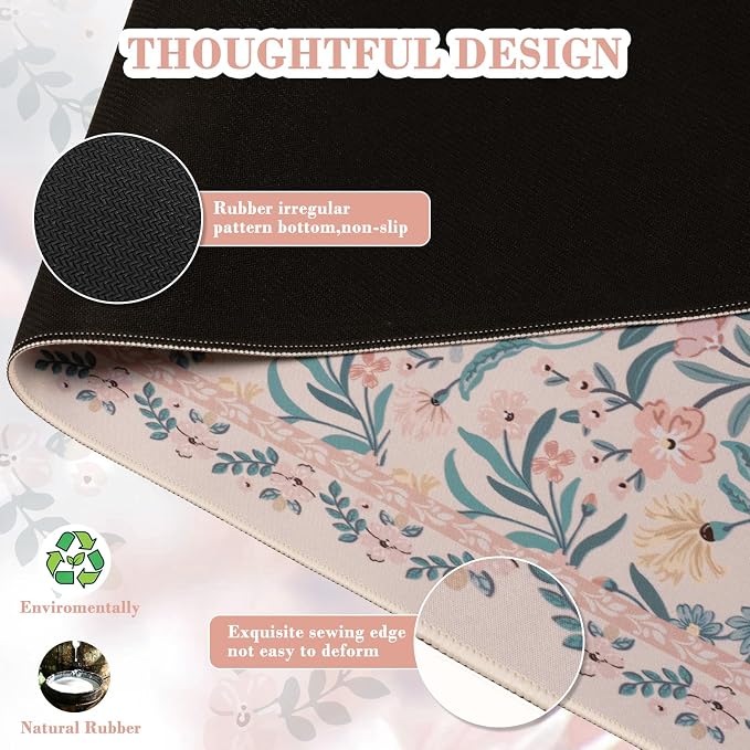iCasso Aesthetic Desk Mat,31.5x11.8in Mouse Pads, Pink Floral | Anti-Slip Mousepad with Stitched Edges, Waterproof Computer Pad , Desk Accessories Office Decor for Women