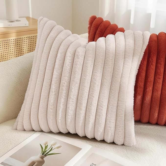 decorUhome Fall Faux Fur Throw Pillow Covers 20x20 Set of 2 Beige | Decorative Soft Cozy Striped Plush Modern Farmhouse Boho Couch Pillow Cases Velvet Back for Sofa Bed Living Room Home Decor