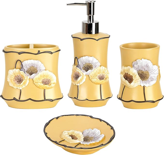 Zahari Home 4pc Poppy Fields Yellow Bathroom Accessories Set Hand Soap Dispenser, Tumbler, Tooth Brush Holder and Soap Dish Modern Contemporary Decor Complete Bathroom Sets with Shower Curtains