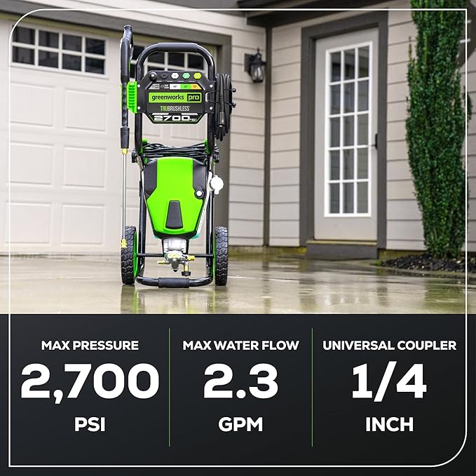 Greenworks 2700 PSI Electric Pressure Washer for Heavy-Duty Home & Outdoor Cleaning, 2.3 GPM Corded Power Washer for Driveways, Patios & Siding, Push-Button Start, CSA Certified