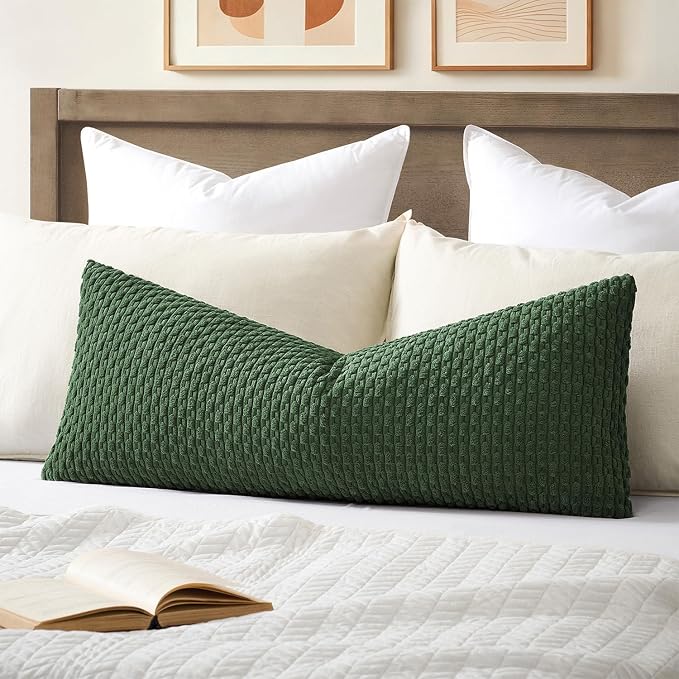 Kevin Textile Soft Corduroy 14"x36" Lumbar Pillow Cover 1 Pack, Dark Green | Boho Stripe Plush Corduroy Decorative Oblong Cushion Cover Modern Farmhouse Home Decor for Sofa Couch Bed Chair