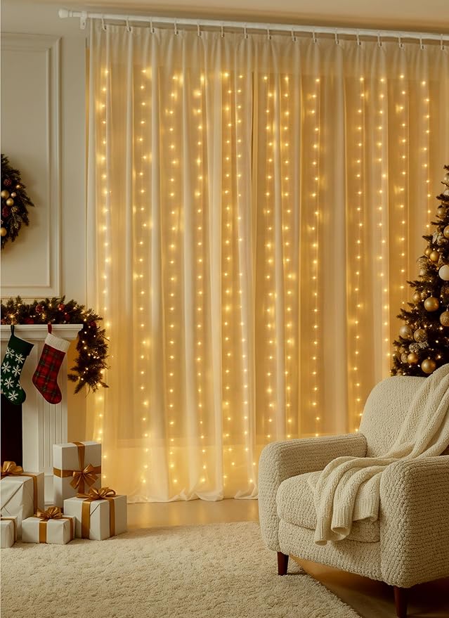 Brightown 300 LED Curtain Lights, 9.8 FT Plug in Fairy Lights for Bedroom, 8 Lighting Modes, Christmas String Lights for Window Wall Wedding Party Birthday Christmas Decorations, Warm White