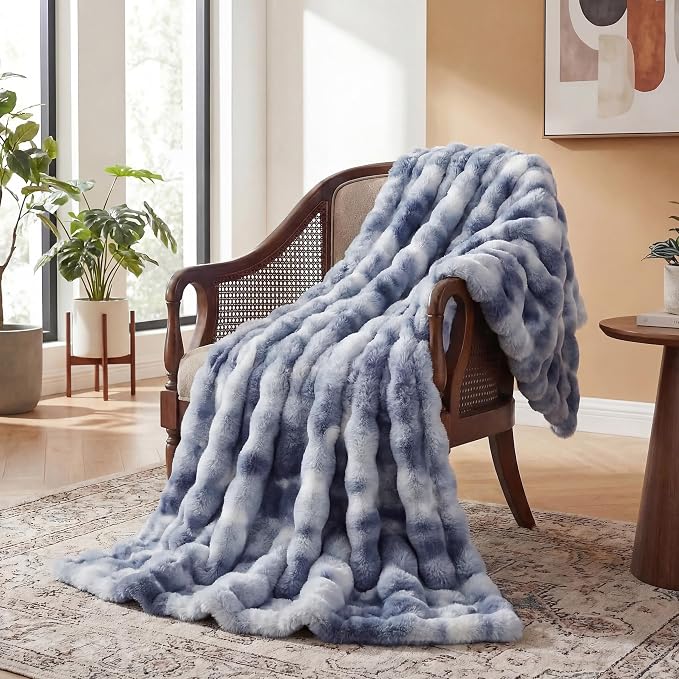 ORINOVA Tie-dye Blue Soft Comfy Throw Blanket for Couch Bedroom Faux Fur 50x60 Fluffy Blanket for Living Room Furry Bed Cozy Home Decor Gifts 860 GSM