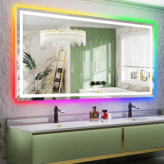 80x40 Inch RGB LED Bathroom Mirror Front Light and RGB Backlit Lighted Vanity Mirror for Bathroom Wall Mounted Dimmable Anti Fog Memory Shatter-Proof IP54 Waterproof Horizontal/Vertical
