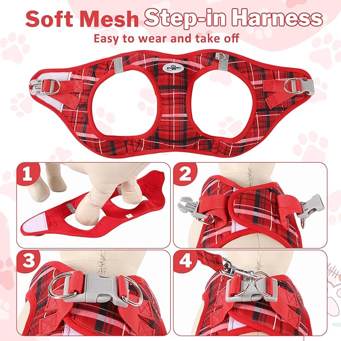 Gyuzh Small Cat Harness and Leash Set for Puppy & Kitten - 3-in-1 No Pull Step in Vest Collar, Lightweight Reflective Plaid, Padded Handle (Red, XS)