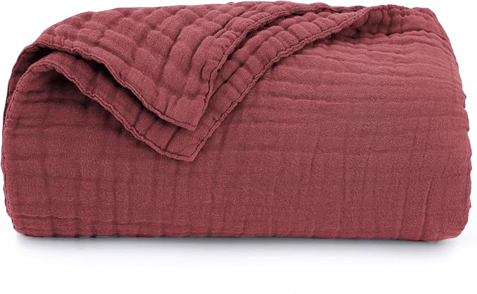 Love's cabin 100% Cotton Muslin Blanket, 6 Layer Lightweight Breathable Gauze King Size Blanket 108 x 90 Inches, Soft Summer Blanket for Bed, Wine Red