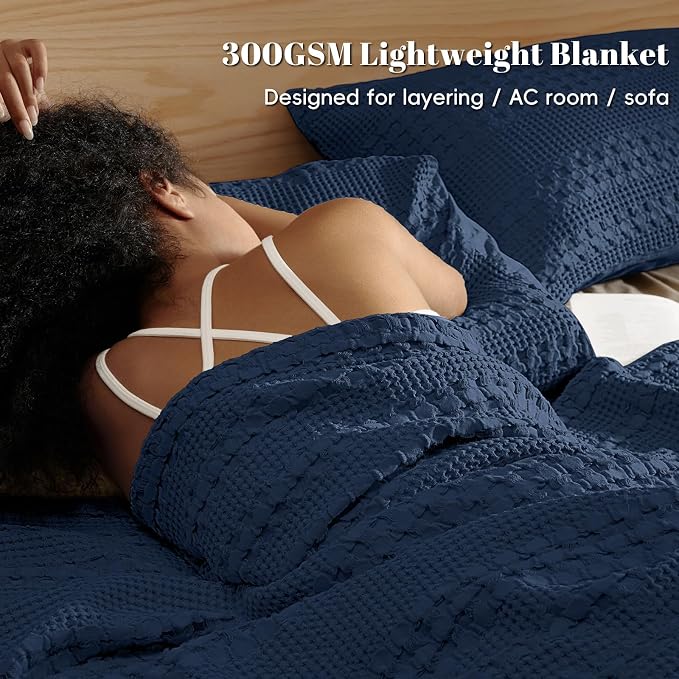 PHF 100% Cotton Waffle Weave Blanket Queen Size, Lightweight Breathable Summer Blanket for Hot Sleepers, Pre-Washed Soft Layer for Bed, Couch, Aesthetic Home Decor & Gift, 90"x90", Blue Sapphire