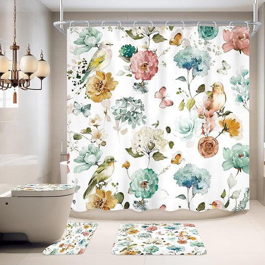 4 PCS Green Floral Birds Bathroom Set with Shower Curtain and Rugs 72Wx72H Inch Classical Watercolor Non-Slip Bath Rug Toilet Lid Cover and U Shape Mat Accessories 12 Hooks Bathoom Decor