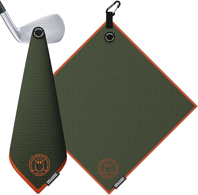 Ghost Golf Magnetic Towel (Greenside) - Premium Ultra-Absorbent Microfiber Golf Towel with Magnet for Golf Carts or Clubs - 18" x 18" Golfing Gear - Waffle Weave Pattern (Green)