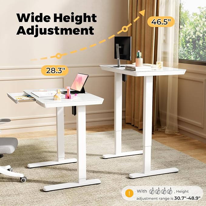 32" Glass Standing Desk with Drawer, Small Electric Desk | Height Adjustable Quick Install One-Piece Tabletop with USB Charging Ports, Sit Stand Computer Desk for Compact Space, White
