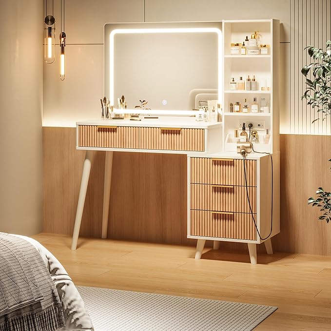Makeup Vanity Desk with Mirror and Lights, Makeup Vanity with 5 Drawers&Storage Shelves, Vanity Table with Power Outlet, 3 Color Adjustable Lighting Dressing Table Set for Bedroom Oak
