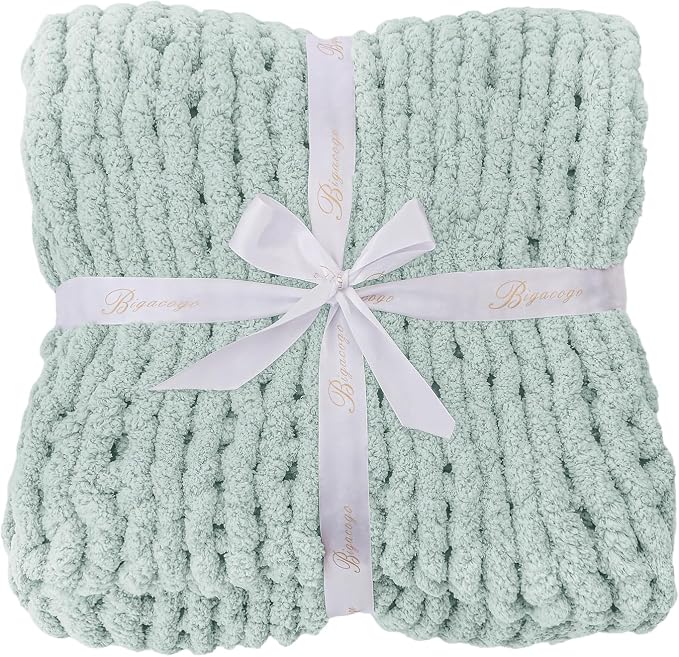 Bigacogo Chunky Knit Throw Blanket for Couch, 51x63 inches, Mint | Hand Knit with Jumbo Chenille, Soft Breathable Cable Knit for Sofa Bed Living Room, Machine Washable, Gift for Mom Friend