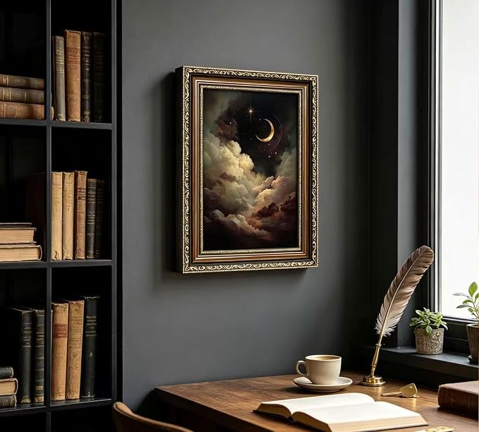 Vintage Gold Framed Crescent Moon Cloud Wall Art, Dark Academia Celestial Starry Sky Oil Painting Print, Antique Ornate Mystical Night Sky Wall Decor, Gothic Cottagecore Home Decor, 12x16in