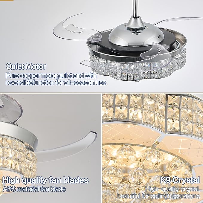 36" RGB Retractable Crystal Ceiling Fan with Light and Speaker Dimmable Bluetooth Chandelier Fan, 6 Speed Timer Fandelier, APP/Remote Control & Speaker for Bedroom,Silver