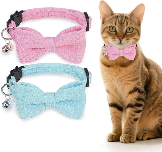 Cat Collar Breakaway with Bells, Soft Cotton Pink Cat Bowtie Collar for Girl Cats, Small Cats Collar with Bow for Spring Summer, 2 Pack Cute Kitten Collars with Removable Bowtie 8-12Inch