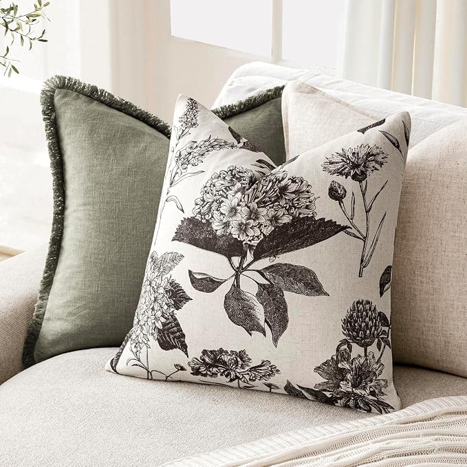 Foindtower Set of 2 Linen Floral Vintage Throw Pillow Covers Neutral Accent Print Decorative Cushion Covers Farmhouse Boho Home Decor for Sofa Chair Couch Bedroom Living Room,22×22 Inch,Black