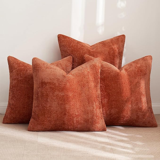 MIULEE Pack of 4 Couch Throw Pillow Covers 18x18 Inch Burnt Orange Soft Decorative Chenille Pillow Covers Farmhouse Accent Cushion Covers for Boho Fall Home Decor Sofa Bedroom Living Room