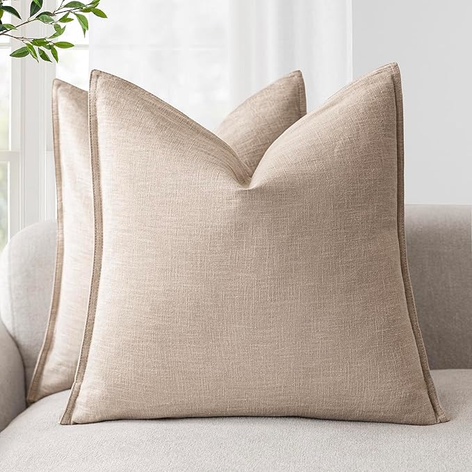 Foindtower Pack of 2, Decorative Linen Solid Throw Pillow Covers Soft Accent Cushion Case Farmhouse Neutral Pillowcase for Chair Couch Sofa Bedroom Living Room Home Decor 24 x 24 Inch Tan Beige