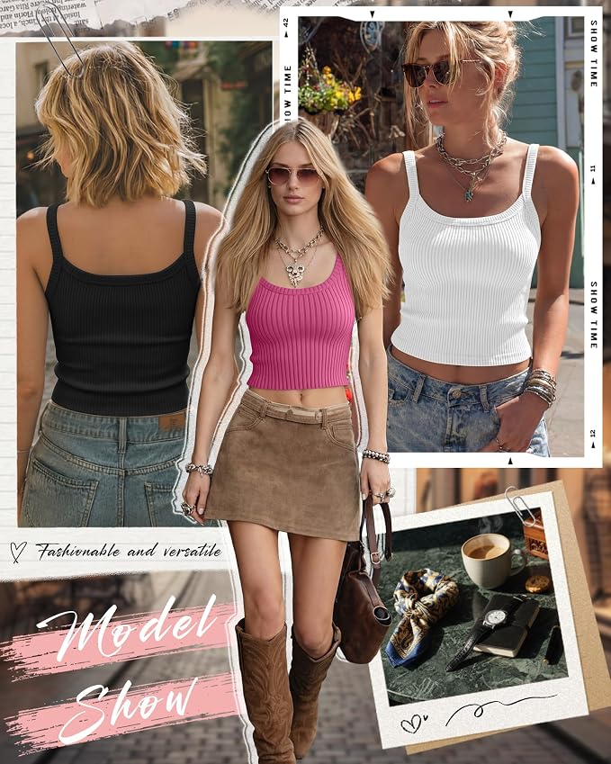 Ficerd 3 Pack Women's Tank Tops 95% Cotton Spaghetti Strap Ribbed Crop Camisole Slim Fitted Basic Summer Sleeveless Layer