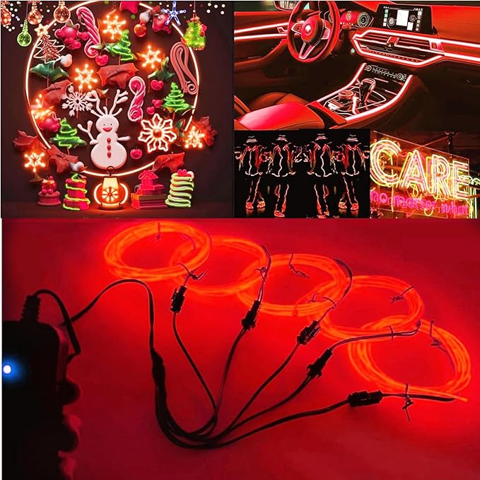 Ourbest EL Wire Lights Battery Powered, Wearable Led Wire Lights 5in1 neon String Light,DIY neon Sign kit Stay/Slow/Fast Flash Party Decoration 1M Red