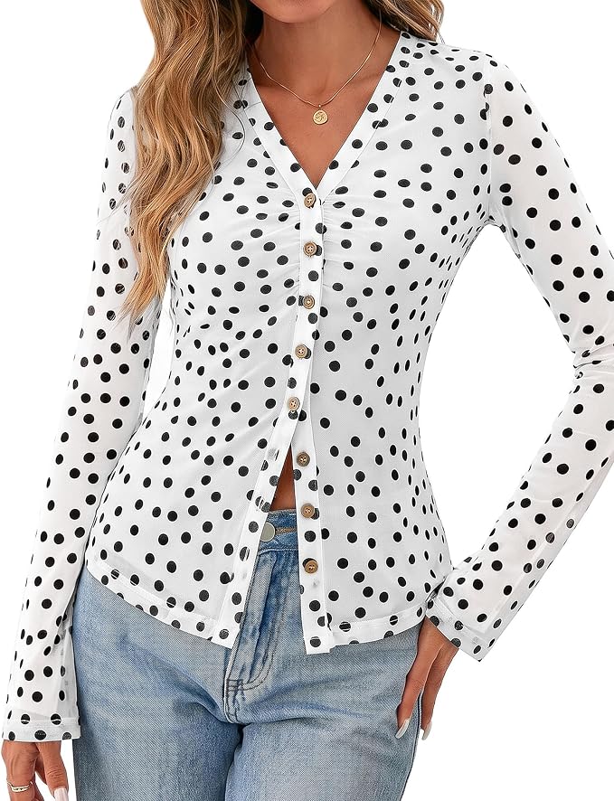 BTFBM Button Down Shirts for Women 2026 Fall Boho Tops V Neck Long Sleeve Blouses Ruched Mesh Fitted Fashion Clothing