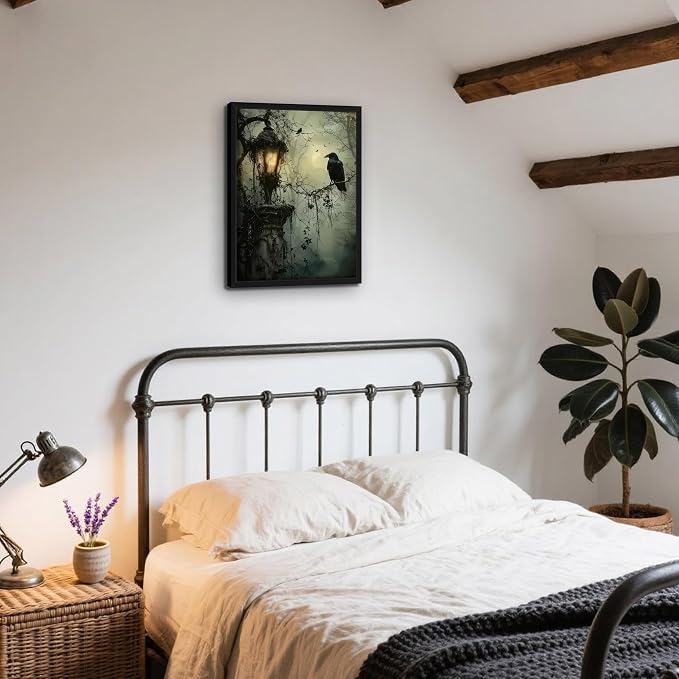 Gothic Decor Framed Wall Art, Vintage Dark Academia Canvas Prints, Horror Forest Crow Wall Decor for Living Room Bedroom Home Decor – Black Wooden Frame 12x16in