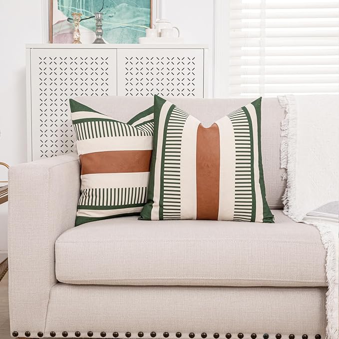 2 Pack 20x20 Pillow Covers - Brown Faux Leather & Olive Green Striped Soft Cotton, Same Pattern Both Sides | for Couch Sofa Bed, Farmhouse Industrial Decor