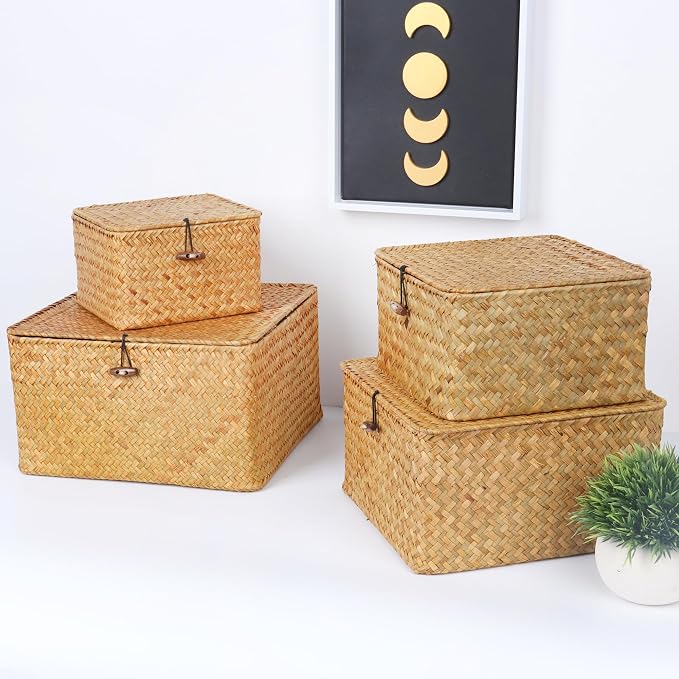 Moosky Wicker Shelf Baskets with Lid, Handwoven Seagrass Storage Basket Bins Square Gift Boxes for Shelves Home Decor Organizer (Natural, Small)