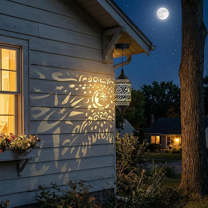 Moroccan Hanging Solar Lights Outdoor Garden Decor Sun and Moon Decorations Solar Lantern Waterproof for Patio Pathway Yard Backyard Garden Decorative (Cylinder, 1)