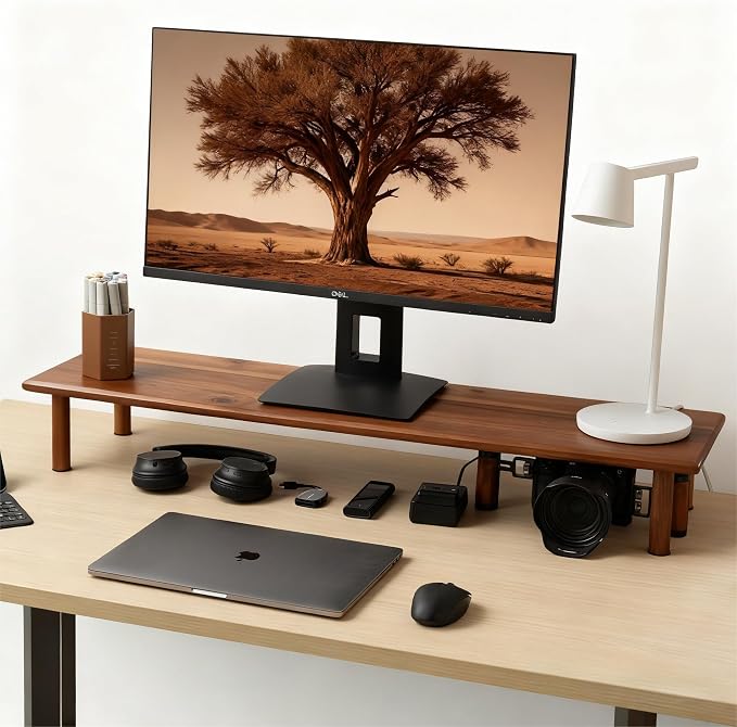 Dual Monitor Stand Riser Acacia Wood, Wooden Desk Monitor Riser for 2 Monitors Supports for Monitor, Printer, Heavy TV Riser up to 130 lbs