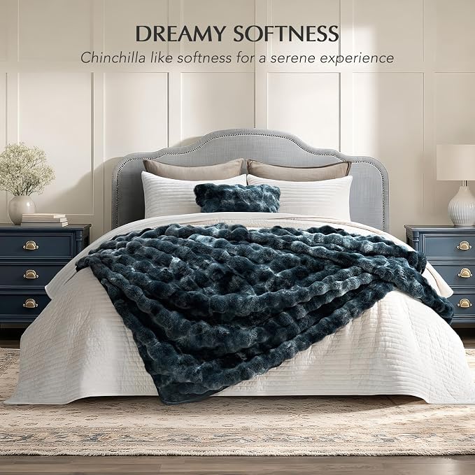 Faux Rabbit Fur Bubble Throw Blanket, 50"x60", Marble Deep Indigo | Ultra Soft, Luxury Faux Rabbit Fur Throw, Thick Warm Bubble Blanket, Cozy Fluffy Reversible, for Bed, Couch, Chair, Sofa