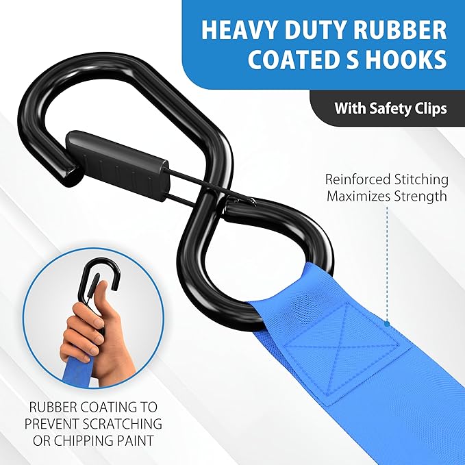 USA Based Retractable Ratchet Straps (2PK) 1in x 16ft - 1,500lb Break Strength, Heavy Duty Automatic Ratchet Straps Self Retractable Tie Down, Push Button Retracting Truck Trailer Cargo | Blue
