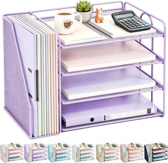 gianotter 4-Tier Paper Organizer With Magazine Holder | Desk Organizers and Accessories, File Organizer for Office Supplies Storag (Purple, 4-Tier)