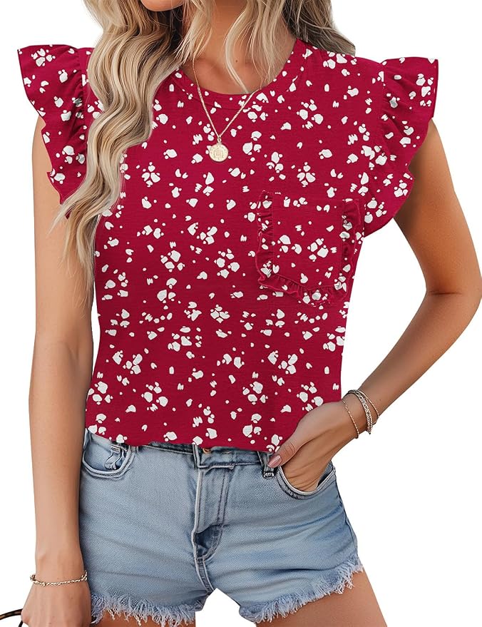 JUSTFASHIONNOW Womens Summer Tops Striped T-Shirts 2026 Ruffle Short Sleeve Crew Neck Casual Blouses with Pocket
