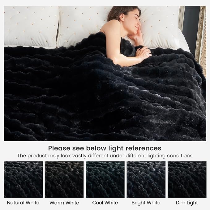 Cozy Bliss Faux Fur Throw Blanket for Couch, Fuzzy Soft Plush Thick Bubble Blanket for Sofa Bedroom Living Room, 60 * 80 Inches Black