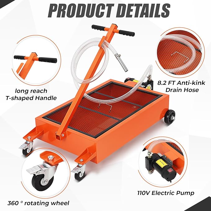 20 Gallon Oil Drain Pan with 110V Electric Pump, Low Profile Oil Drain Pan for Oil Change, Oil Change Pan with 8.2 Ft Hose and Folding Handle, Rolling Oil Drain Cart for Car, SUV, Trucks