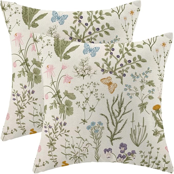 AEIOAE Spring Pillow Covers 22x22 Inch Set of 2,Sage Green Wild Flower Plant Throw Pillows Case,Seasonal Floral Outdoor Decorative Square Linen Farmhouse Decor Cushion Covers for Home Sofa Bed Couch