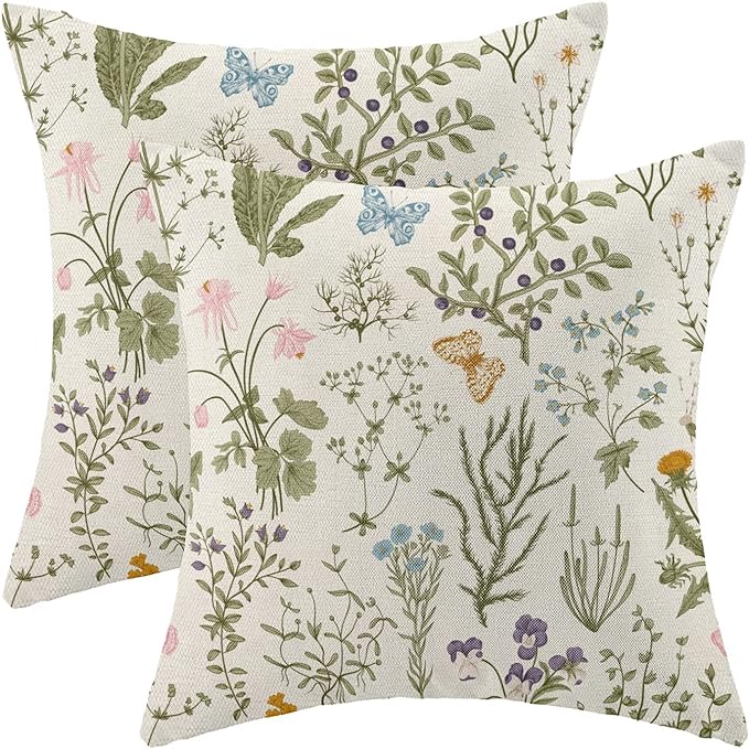 AEIOAE Spring Pillow Covers 24x24 Inch Set of 2,Sage Green Wild Flower Plant Throw Pillows Case,Seasonal Floral Outdoor Decorative Square Linen Farmhouse Decor Cushion Covers for Home Sofa Bed Couch