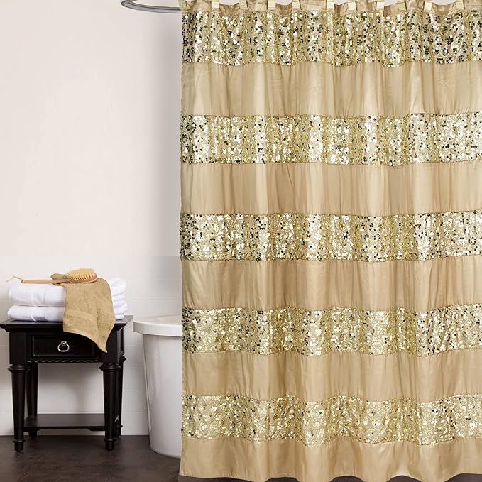 Zahari Home 13pc Sinatra Bathroom Shower Curtain Set - Gold Curtain & 12 Champagne Hooks - Luxury Fabric Bling Unique Beautiful Set