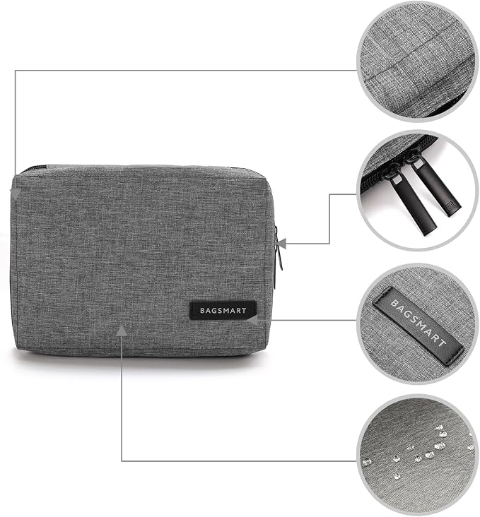 BAGSMART Electronics Organizer Travel Case, Small Cord Bag for Travel Essentials, Tech bag for Men Women, Cable Organizer for Phone, SD Card, Grey