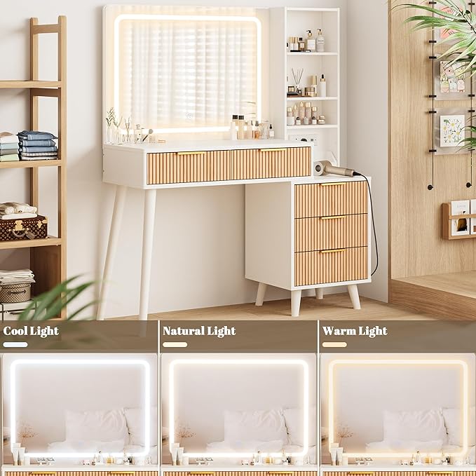 Makeup Vanity Desk with Mirror and Lights, Makeup Vanity with 5 Drawers&Storage Shelves, Vanity Table with Power Outlet, 3 Color Adjustable Lighting Dressing Table Set for Bedroom Oak