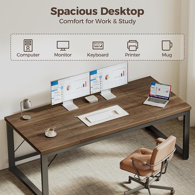 Mericonia 63 Inch Computer Desk, 1" Thick Large Office Table, Walnut | Modern Simple Style, Heavy Duty Industrial Frame, Large Study & Writing Table for Home Bedroom Work