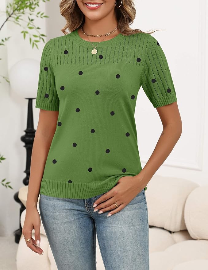 Zeagoo Women's Short Sleeve Sweater Tops 2026 Spring Summer Crew Neck Hollow Out Blouses Dressy Business Casual Outfits