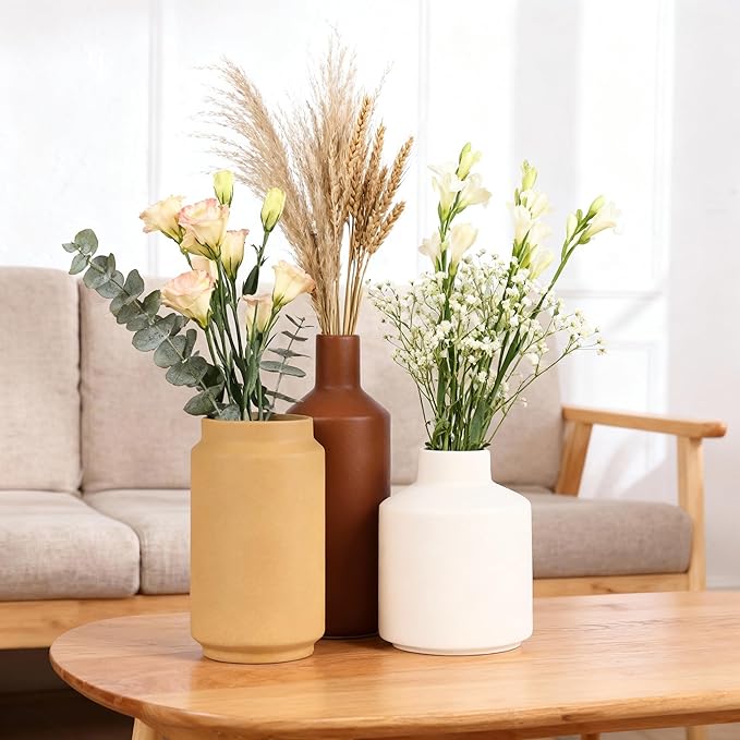 Modern 3 Piece Ceramic Vase Set - Minimalist Home Decor Vases for Living Room, Bedroom, or Entryway - Modern Neutral Table Decor for Flowers or Greenery, Shelf and Mantel Accent